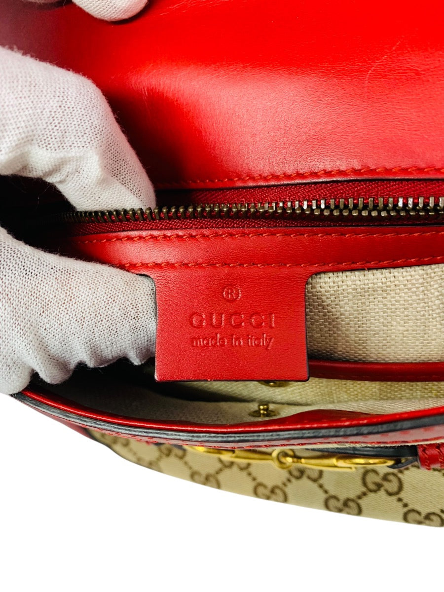 Gucci Monogram Ruinart Calfskin Medium Lady Web Shoulder Bag Beige Ebony Hibiscus Red