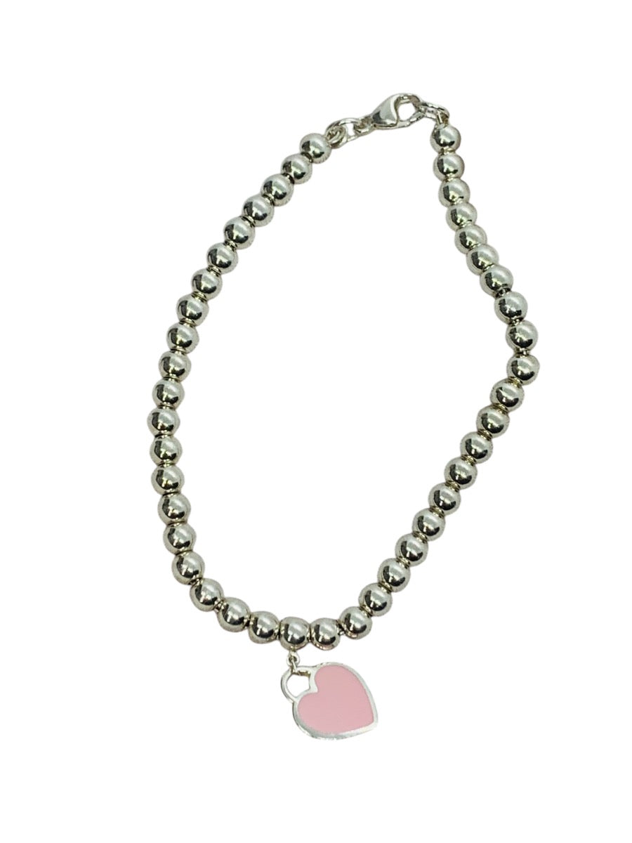 Tiffany & Co Pink Mini Heart Bead Bracelet In Silver .925 | 6" Length