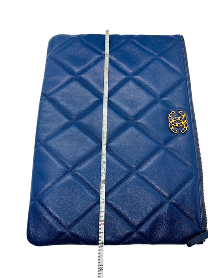 Chanel Quilted Large Zipper Pouch O Case Dark Blue 13"x 9.5"x .05