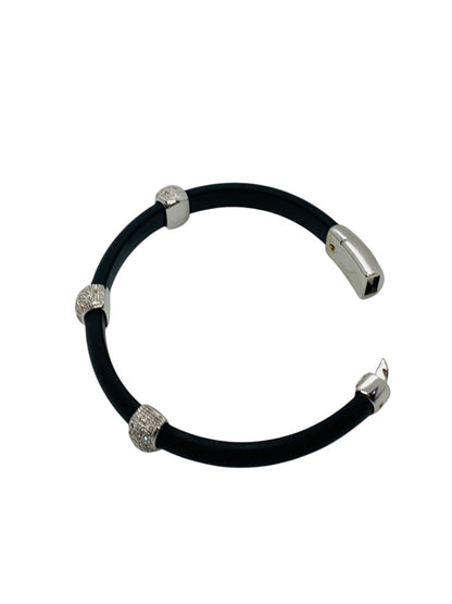 18K White Gold Diamond Black Rubber/Silicone Bracelet Size 6" | 17.6 Grams