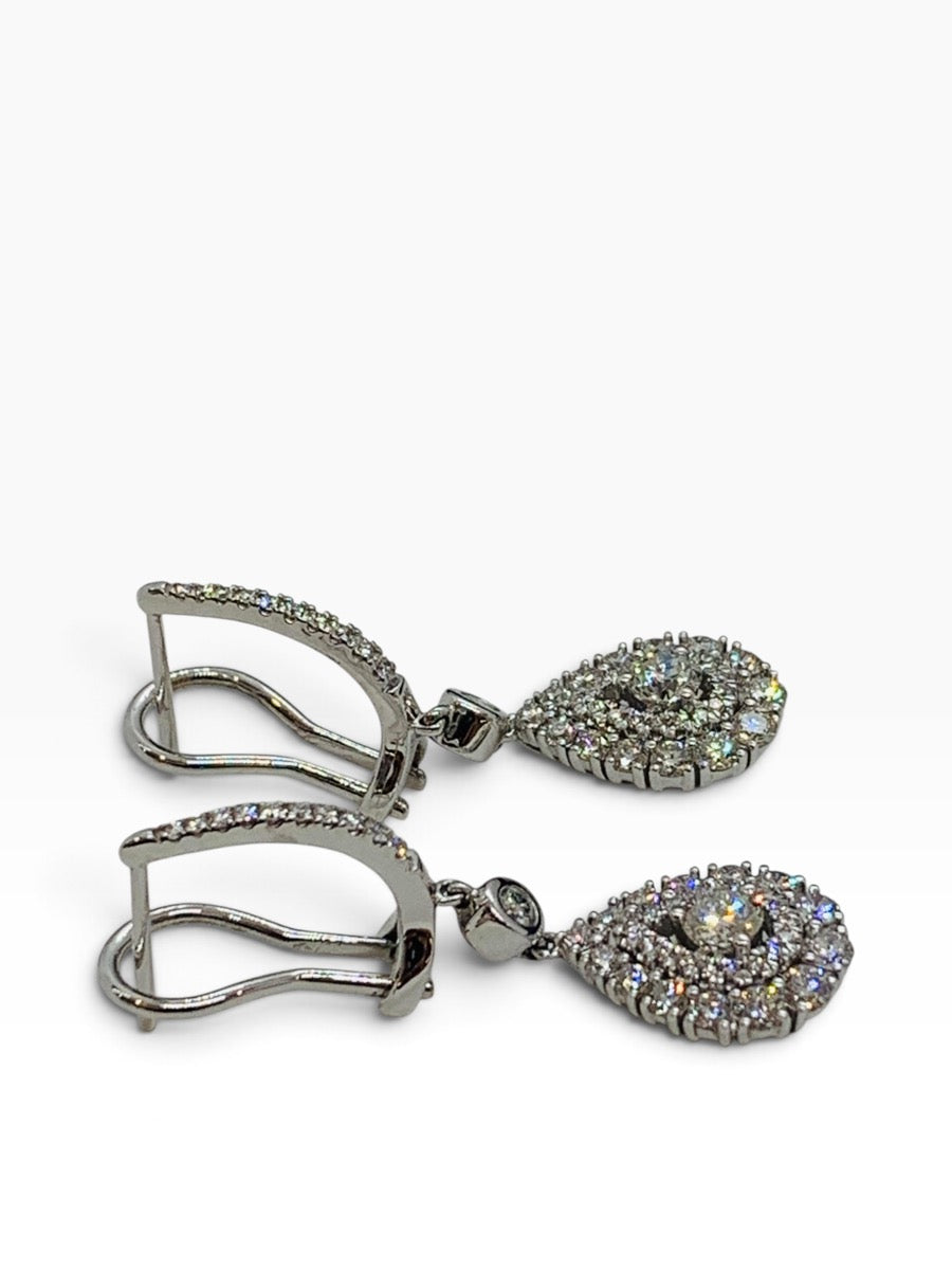 14K White Gold Diamond Dangling Pear Earrings w/ Round Dias .91 TCW | 5.6 Grams