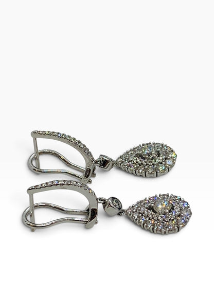 14K White Gold Diamond Dangling Pear Earrings w/ Round Dias .91 TCW | 5.6 Grams