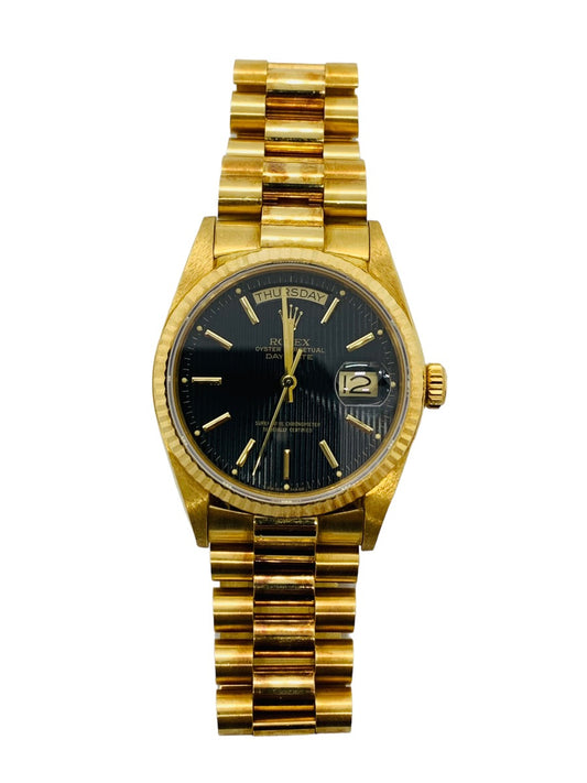 1985 Rolex Day-Date President Black Dial 36mm 18K Yellow Gold Fluted Watch 18038