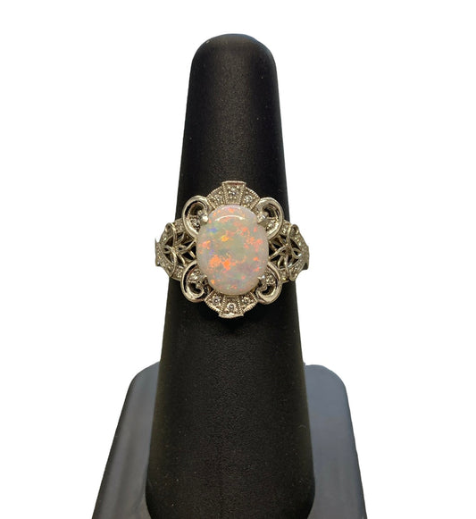 Platinum (950) Women's Opal & Diamond Ring 0.50CT Size 5.5, 9.3 Grams