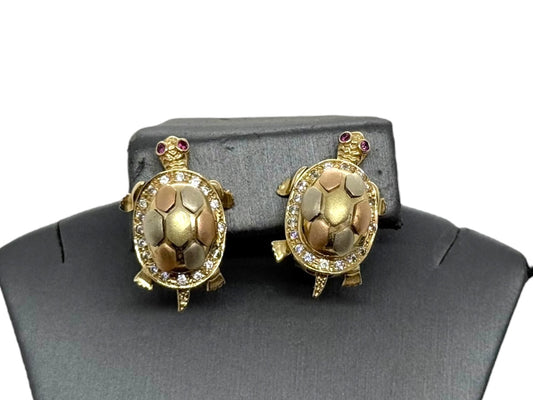 14K Tri-Tone Gold Articulated Turtle Earrings Red/Clear Stones | 15.7g
