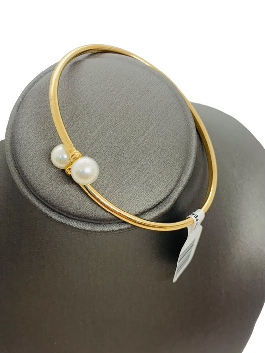 14K Yellow Gold Open Cuff Round Pearl Bangle Bracelet | Size 7 | 3.9g