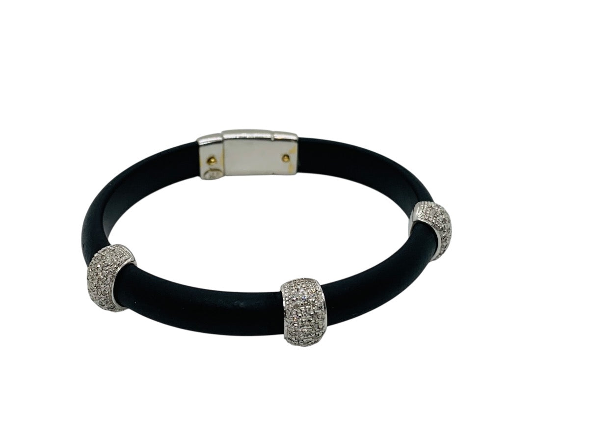 18K White Gold Diamond Black Rubber/Silicone Bracelet Size 6" | 17.6 Grams