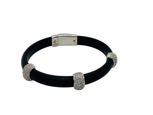 18K White Gold Diamond Black Rubber/Silicone Bracelet Size 6" | 17.6 Grams