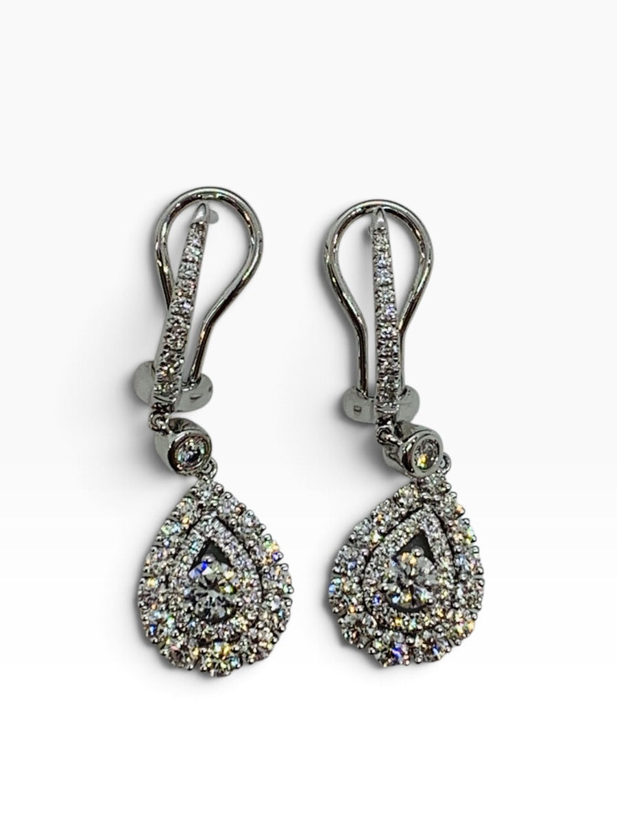 14K White Gold Diamond Dangling Pear Earrings w/ Round Dias .91 TCW | 5.6 Grams