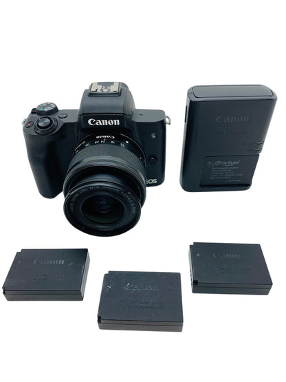 Canon EOS M50 Camera Kit w/ 15-45mm, 3 Canon Batteries, Charger Bundle