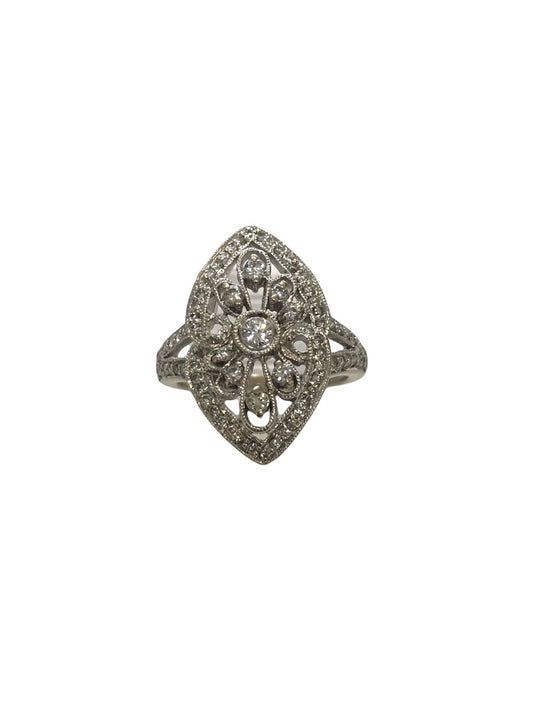 14K White Gold Art Deco Style Filigree Semi Mount Ring 1.18 CTW Size 4