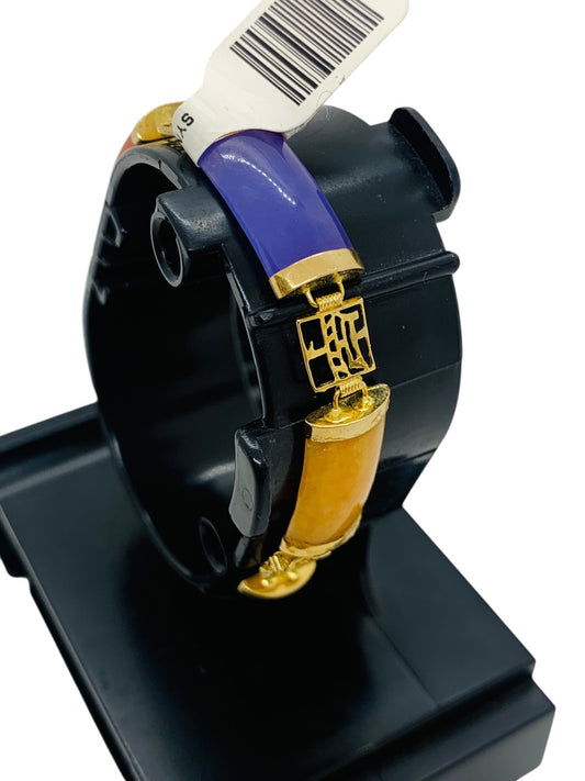 10K Yellow Gold rectangular Multicolored Jade Link  Bracelet | Size 7.5 | 9.8g