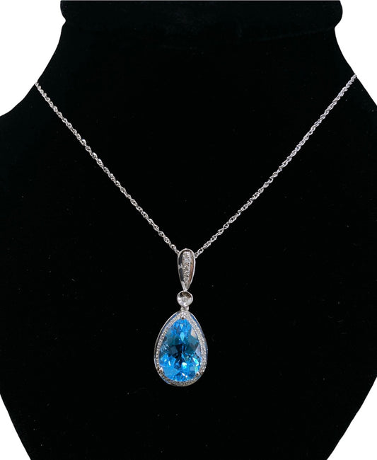 14K White Gold Diamond and Topaz Pendant Necklace 0.25 CTW, 2.9G, 10"