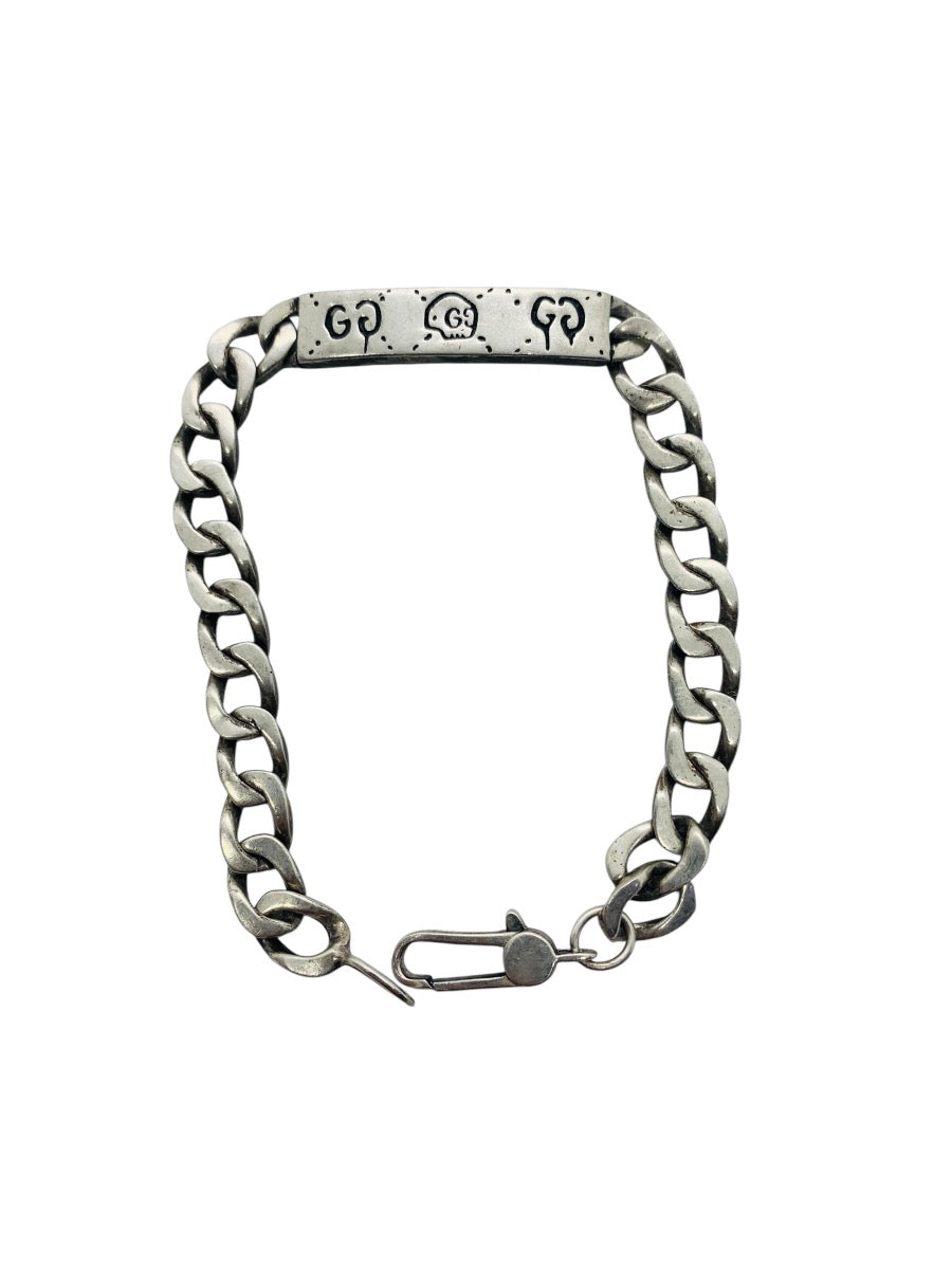 Gucci Italy .925 Sterling Silver Ghost Skull Curb ID Tag Bracelet, 7.5 in, 18 g