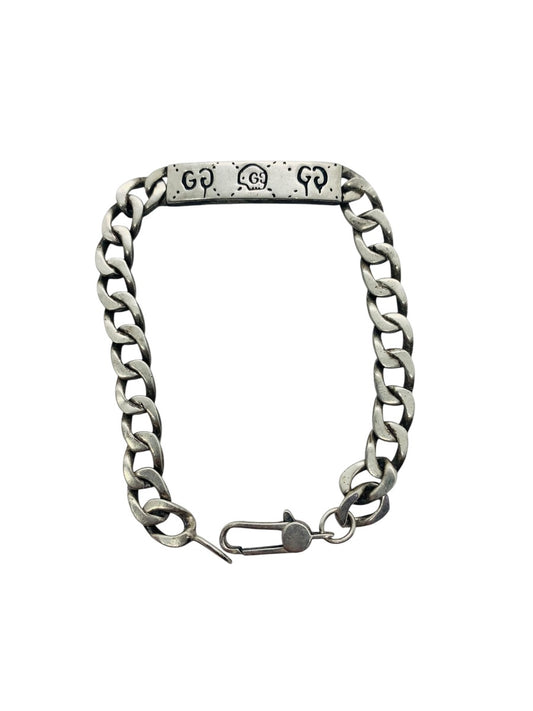 Gucci Italy .925 Sterling Silver Ghost Skull Curb ID Tag Bracelet, 7.5 in, 18 g