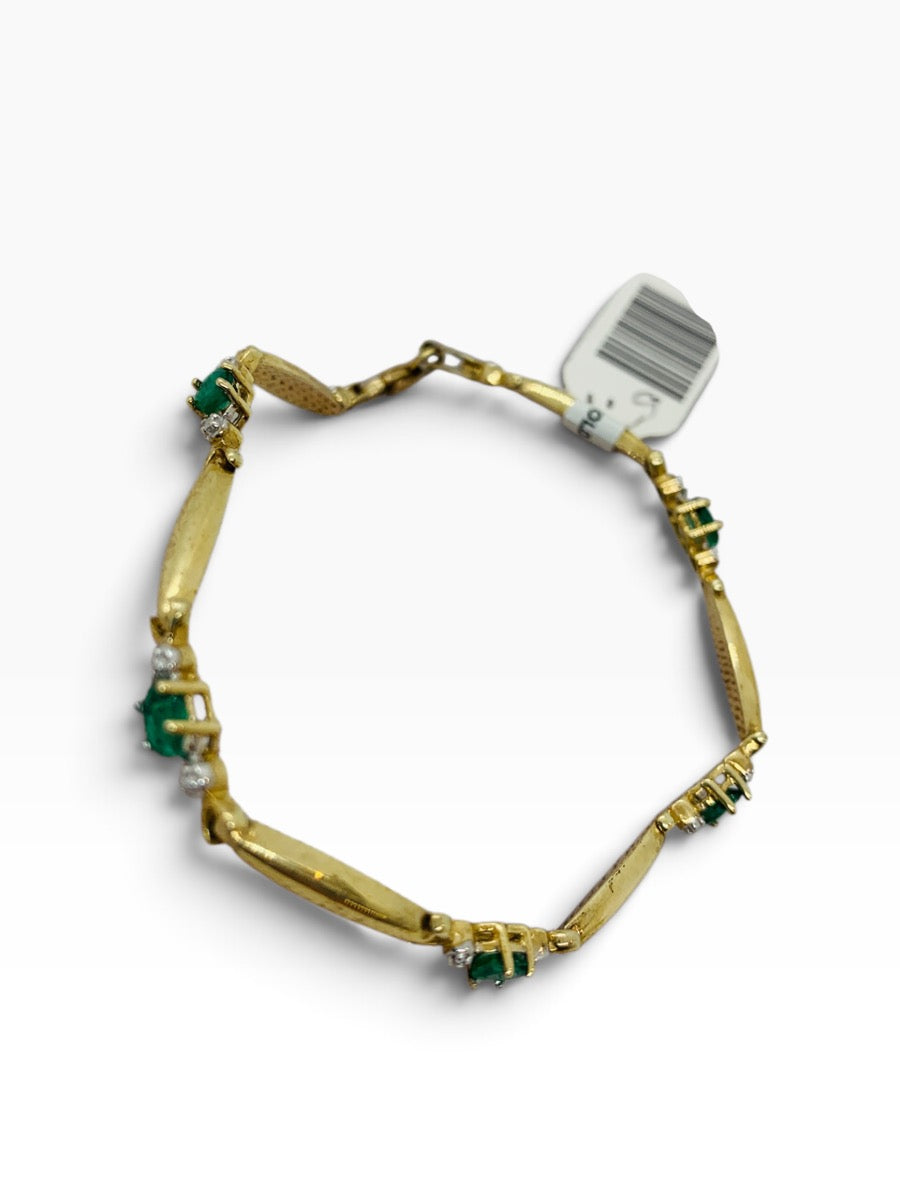 10K Yellow Gold Diamond Oval Cut Emerald Bracelet | 1 TCW | Size 7.5 | 4.2g
