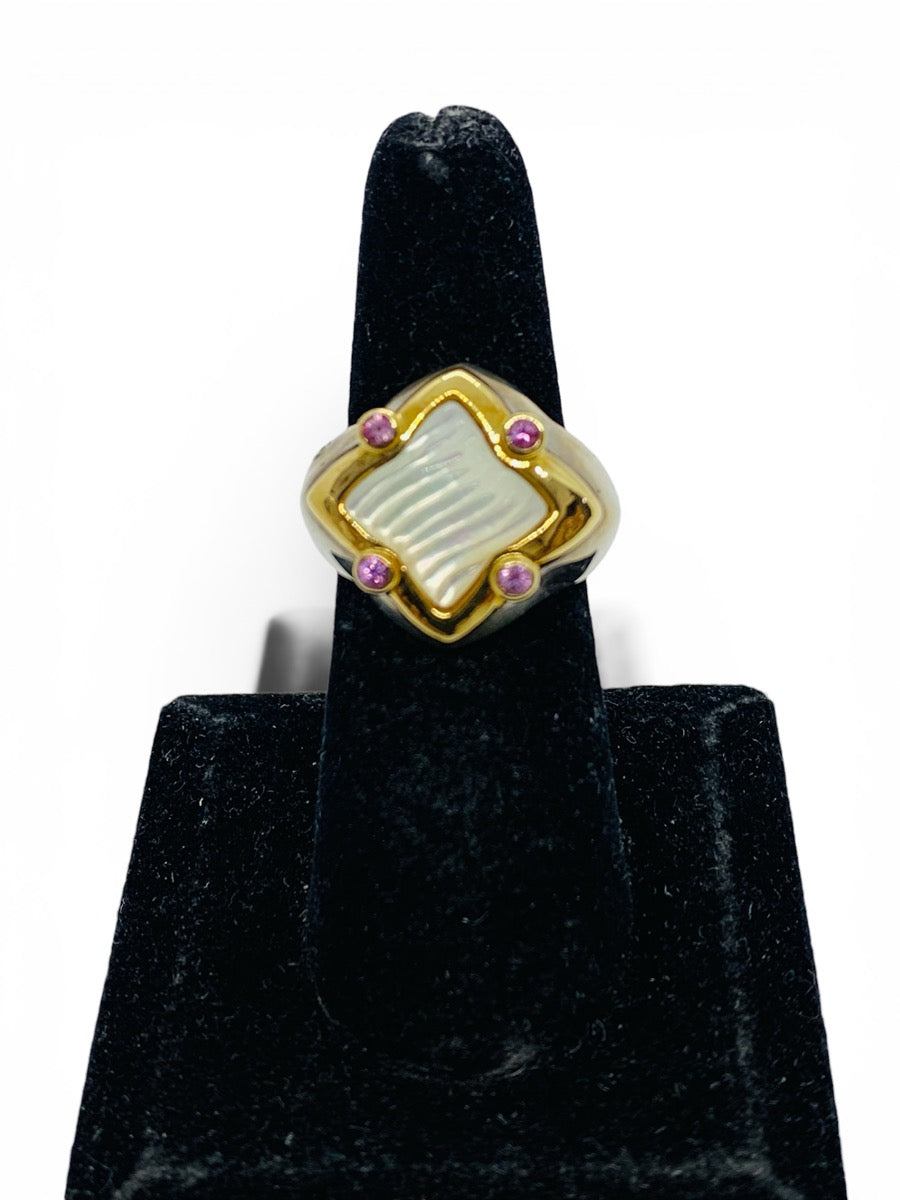 David Yurman 18K Gold & .925 Sterling Silver Carved Mother of Pearl & Sapphire Ring | Size 7