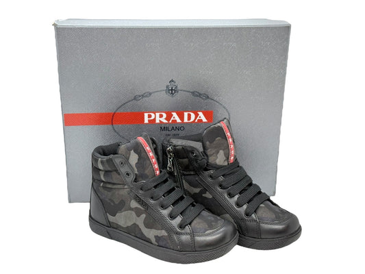 PRADA Sneakers High-Top Kids Leather Camo Size 11.5Y w/ Box