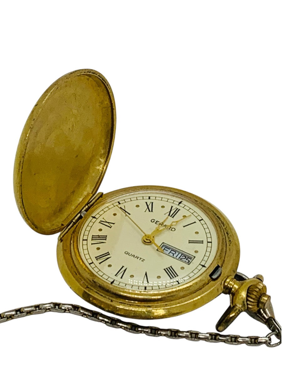 Gerard Day/Date Gold Tone Hunter-Case Pocket Watch Quartz