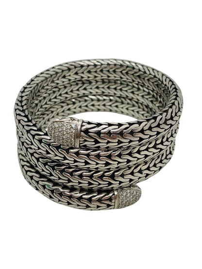 John Hardy .925 Sterling Silver 18k Gold Four row coil pave Diamond Wrap Bracelet