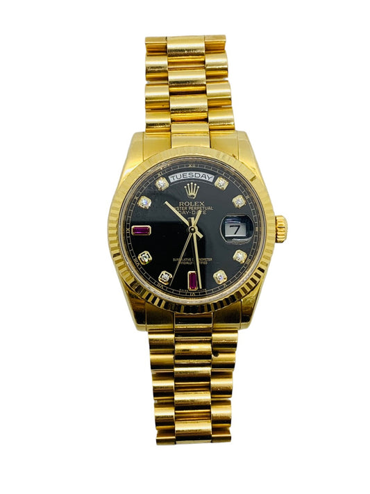 Rolex President 118238 Factory Black Diamond/ Ruby Dial 36mm 18K Yellow Gold