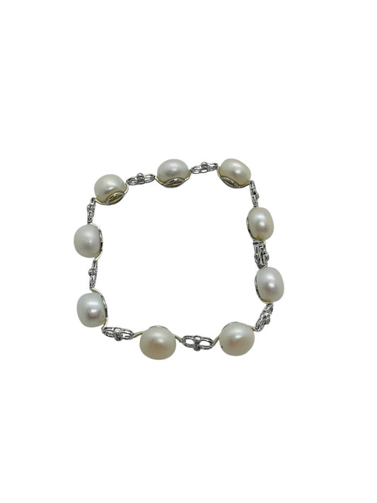 14K White Gold Diamond & Pearl Bracelet Natural Sontes 8" Length Infinity Link