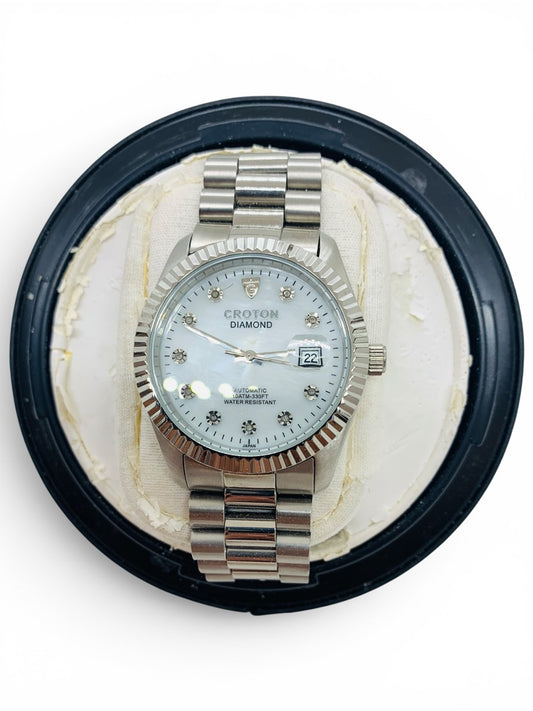 Croton Automatic Diamond Watch 10atm-330ft Stainless Steel White Face