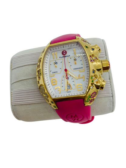 Michele Turbina Butterfly Lady's Chronograph 44mm Quartz Watch Pink Rubber Strap