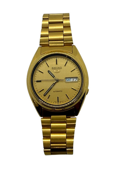 Seiko 5 7S26-0480 Gold Tone Automatic Watch Mosaic Grid Dial Day/Date