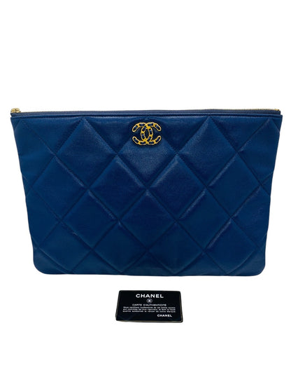 Chanel Quilted Large Zipper Pouch O Case Dark Blue 13"x 9.5"x .05