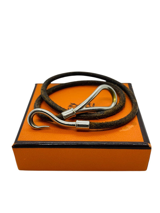 Hermes Jumbo Hook Bracelet Double Wrap Brown Leather Silver Tone