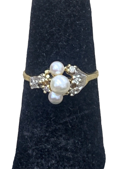 14K Yellow Gold/Diamond/Pearl Ring - 0.06tcw - Size 5 - 2.3g