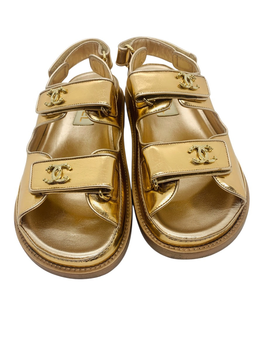 Chanel 22C Gold laminated CC Logo Dad Sandals US Size 7