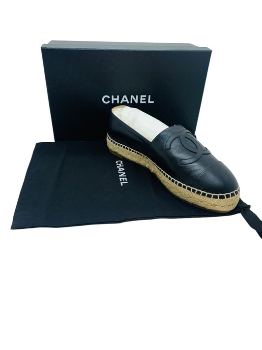 Chanel Espadrille Lambskin Women Black Leather Shoes Size 10