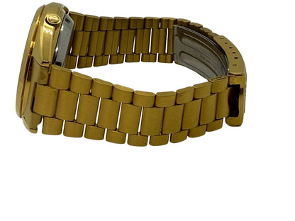 Seiko 5 7S26-0480 Gold Tone Automatic Watch Mosaic Grid Dial Day/Date