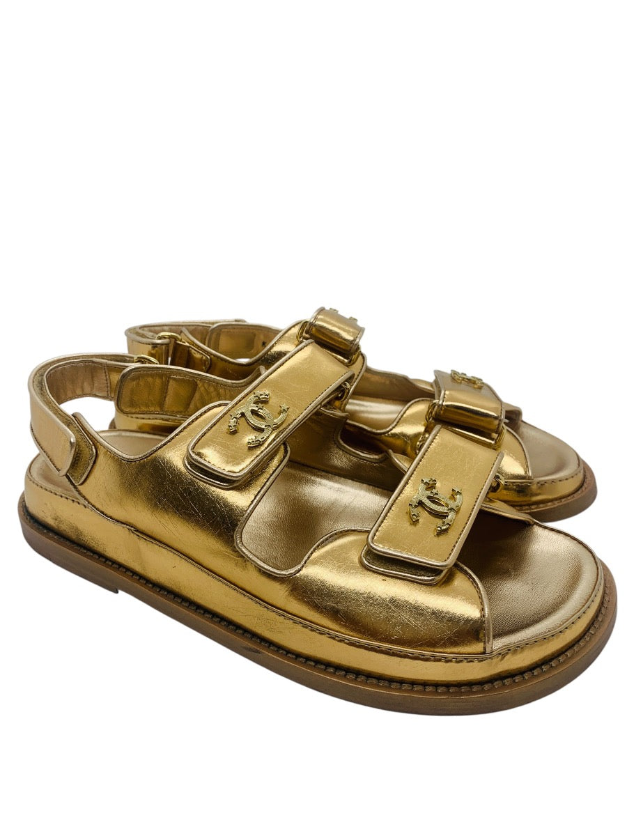 Chanel 22C Gold laminated CC Logo Dad Sandals US Size 7