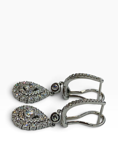 14K White Gold Diamond Dangling Pear Earrings w/ Round Dias .91 TCW | 5.6 Grams