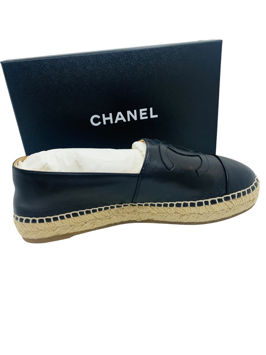 Chanel Espadrille Lambskin Women Black Leather Shoes Size 10