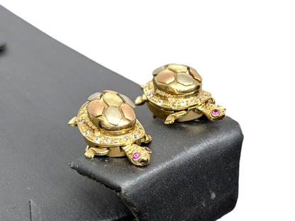 14K Tri-Tone Gold Articulated Turtle Earrings Red/Clear Stones | 15.7g