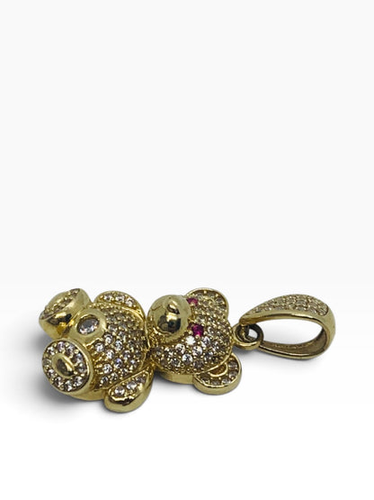 14K Yellow Gold Teddy Bear White/Red Stone Pendant 4.9 Grams | Size 1" x .5"