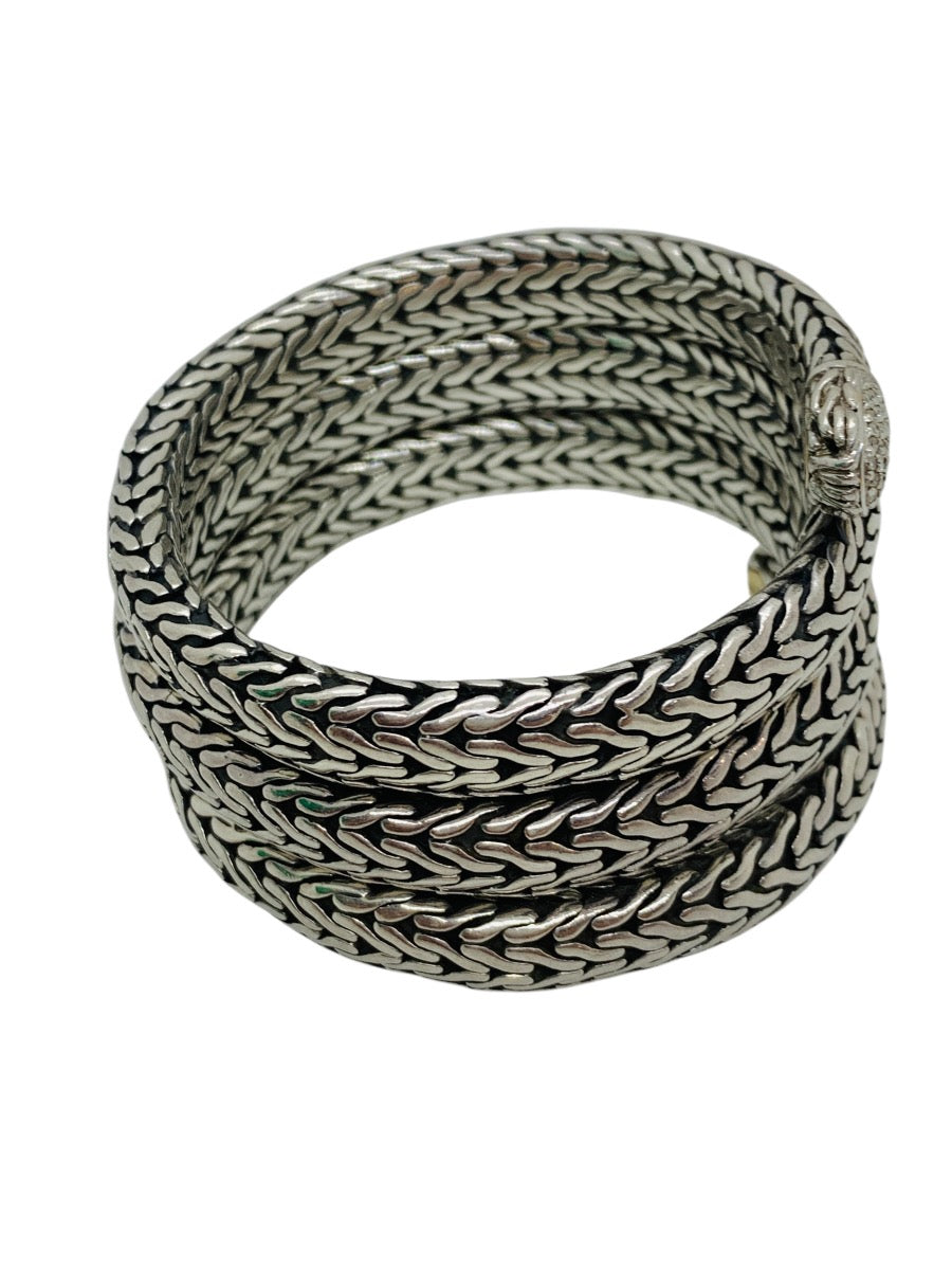 John Hardy .925 Sterling Silver 18k Gold Four row coil pave Diamond Wrap Bracelet
