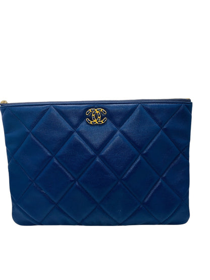 Chanel Quilted Large Zipper Pouch O Case Dark Blue 13"x 9.5"x .05