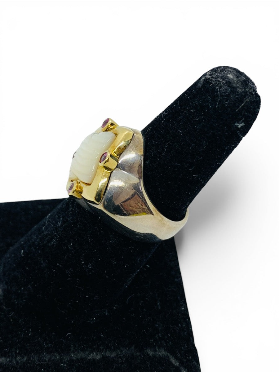 David Yurman 18K Gold & .925 Sterling Silver Carved Mother of Pearl & Sapphire Ring | Size 7