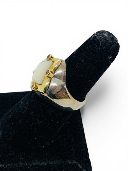 David Yurman 18K Gold & .925 Sterling Silver Carved Mother of Pearl & Sapphire Ring | Size 7
