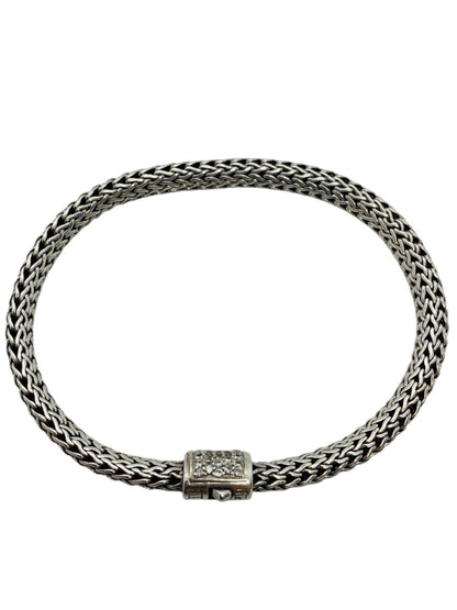 John Hardy Sterling Silver Icon Bracelet 7.625" x 6.5 mm Pave Diamond Clasp