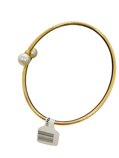 14K Yellow Gold Open Cuff Round Pearl Bangle Bracelet | Size 7 | 3.9g