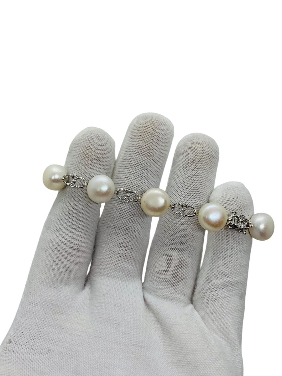 14K White Gold Diamond & Pearl Bracelet Natural Sontes 8" Length Infinity Link
