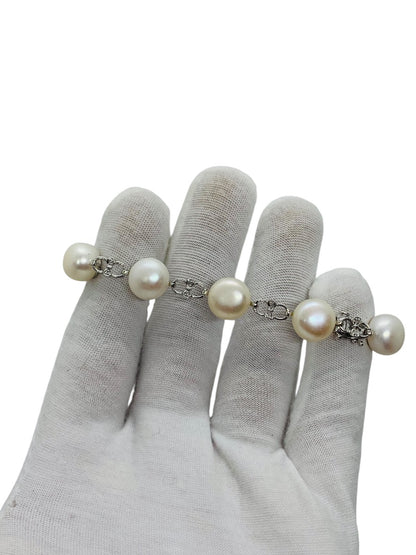 14K White Gold Diamond & Pearl Bracelet Natural Sontes 8" Length Infinity Link