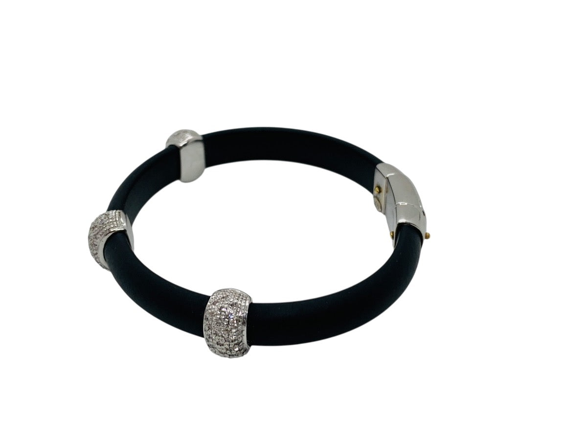 18K White Gold Diamond Black Rubber/Silicone Bracelet Size 6" | 17.6 Grams