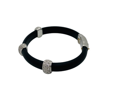 18K White Gold Diamond Black Rubber/Silicone Bracelet Size 6" | 17.6 Grams